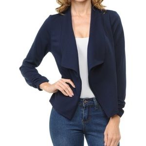 Caslon raw hem blue drape collar knit blazer